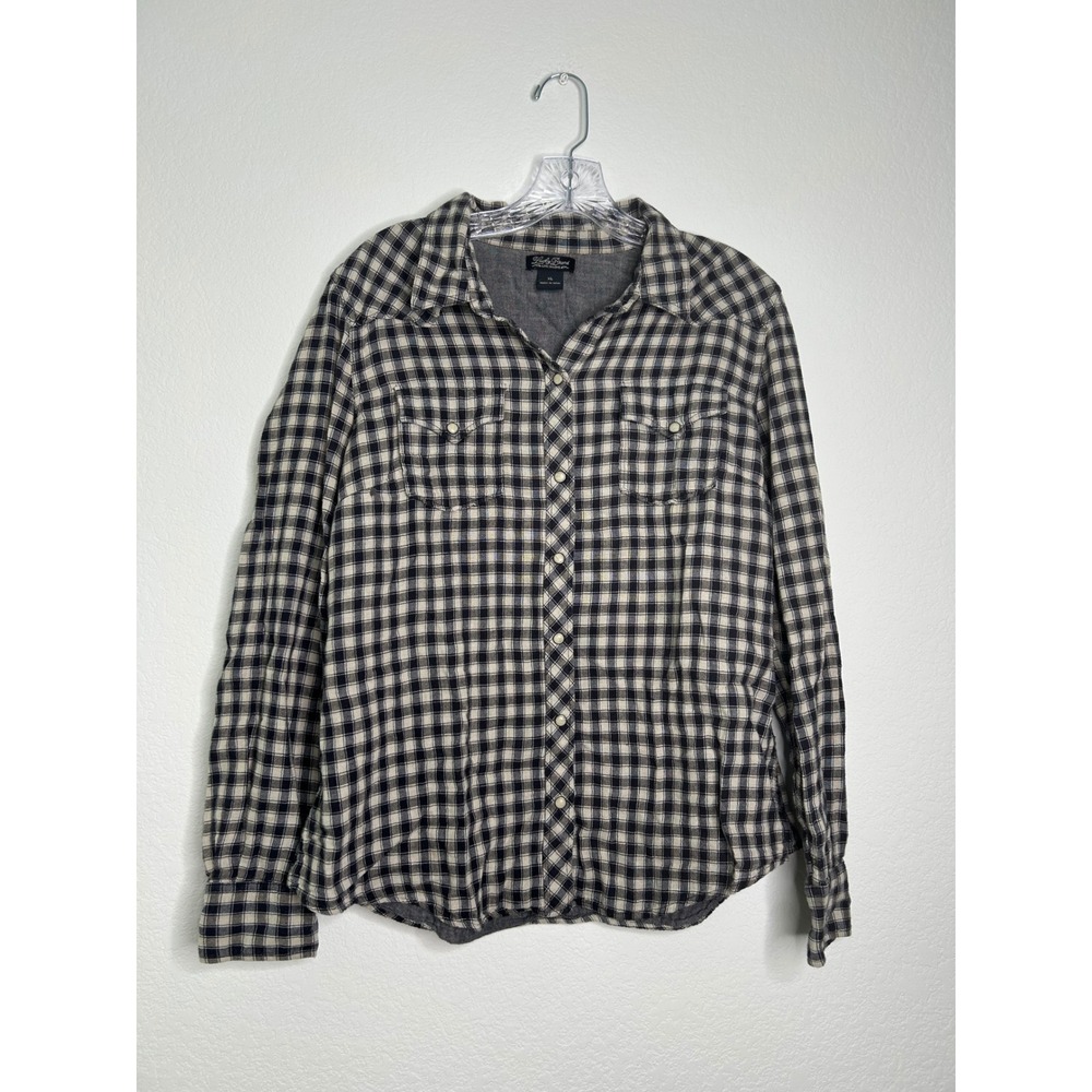 Lucky Brand Navy Blue Plaid Western Pearl Snap Button Down Shirt Women's Size XL